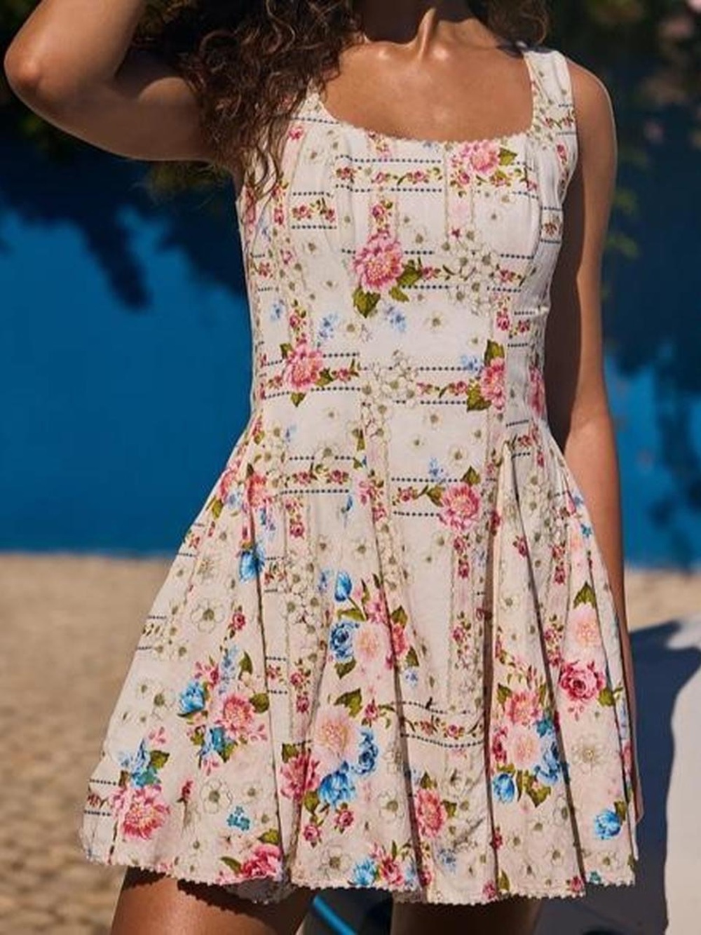 Agua Bendita Cream Floral Square-Neck Mini Dress with Pink and Blue Roses